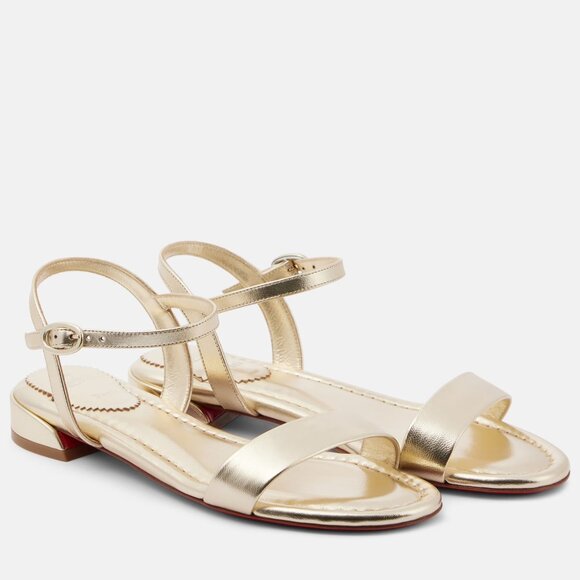 Christian Louboutin SWEET JANE SANDAL FLAT Metallic Leather Shoes Gold - Picture 2 of 16